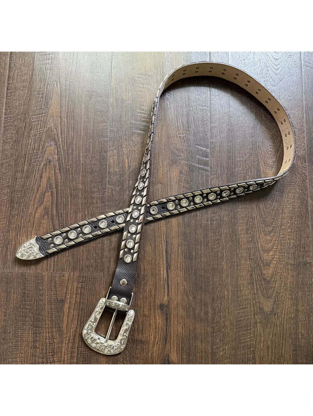 Vintage 90s Y2K Italian Leather Studded Rhinestone Western Belt Silver Size L
